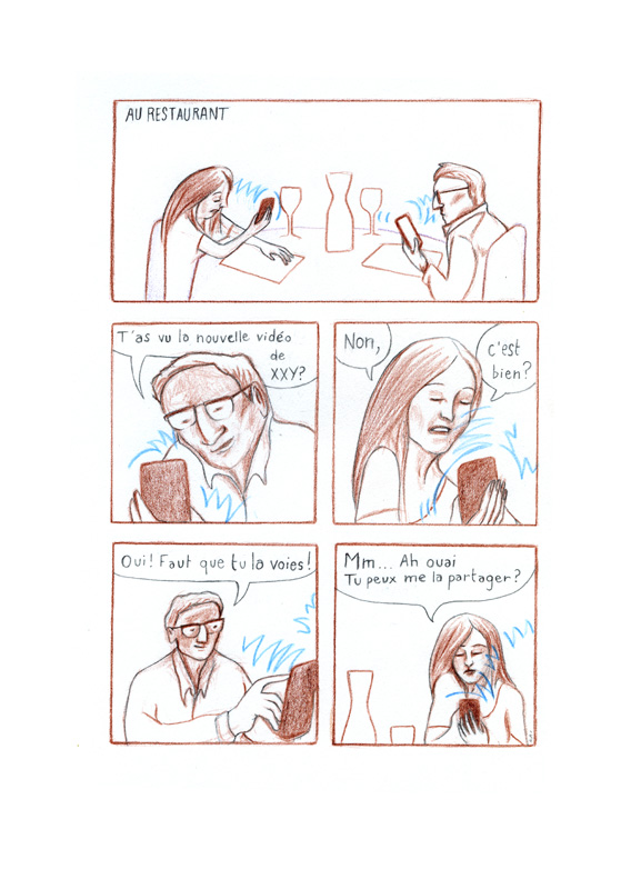 BD sur un couple au restaurant et sa consommation de smartphone et son bilan carbon numérique. Page 1