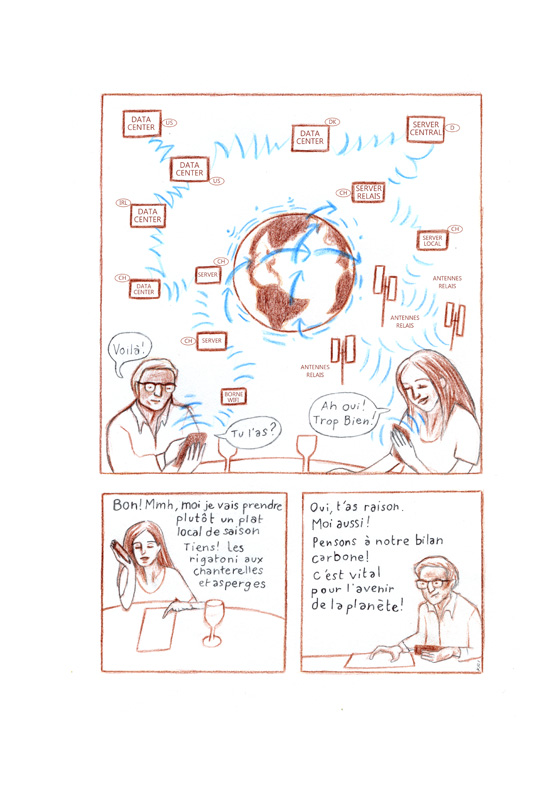 BD sur un couple au restaurant et sa consommation de smartphone et son bilan carbon numérique. Page 2